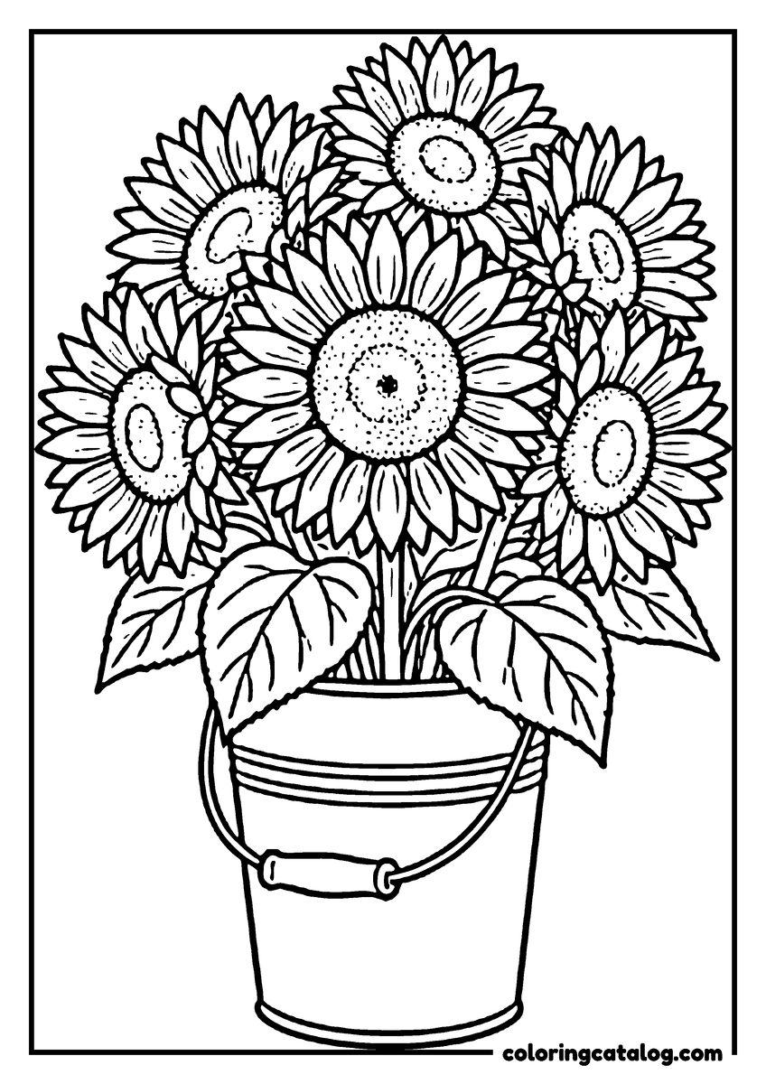 Dibujo de flores para colorear e imprimir: siete girasoles en un balde de lata, con dos hojas anchas al frente