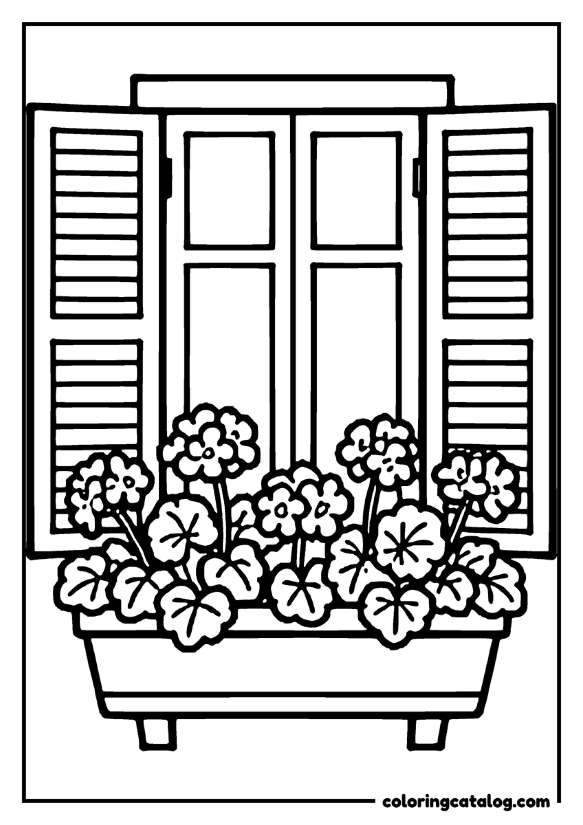 Dibujo de flores para colorear e imprimir: una jardinera de geranios bajo una ventana con los postigos abiertos