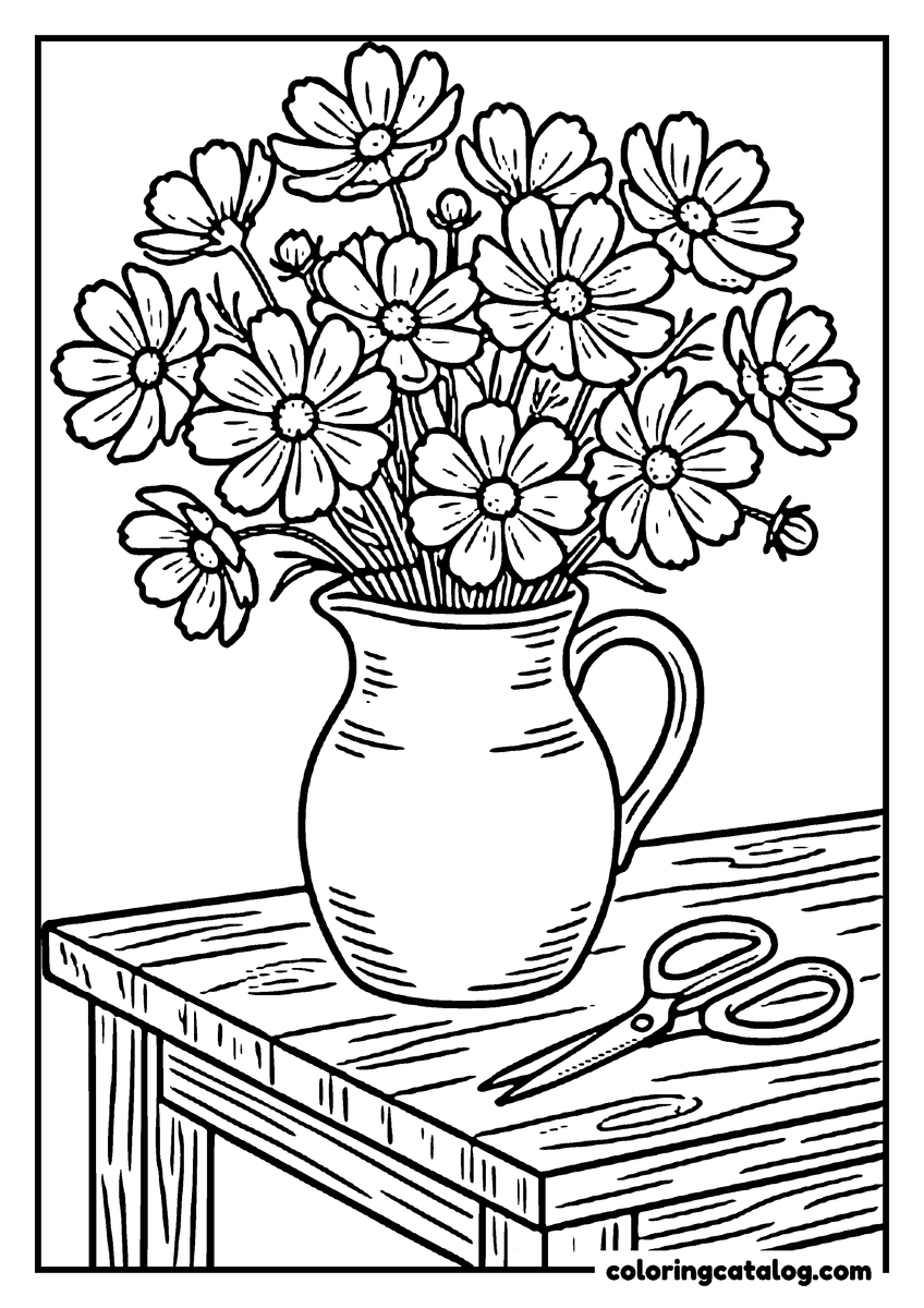 Dibujo para colorear e imprimir: una jarra con flores de cosmos sobre la mesa de la cocina, con unas tijeras al lado