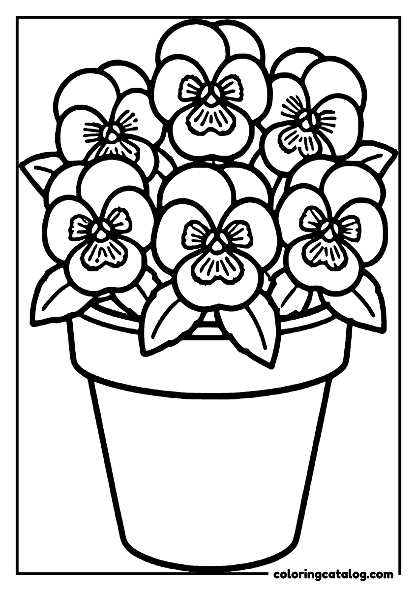 Dibujo de flores para colorear e imprimir: una maceta de pensamientos, cada flor con su centro marcado