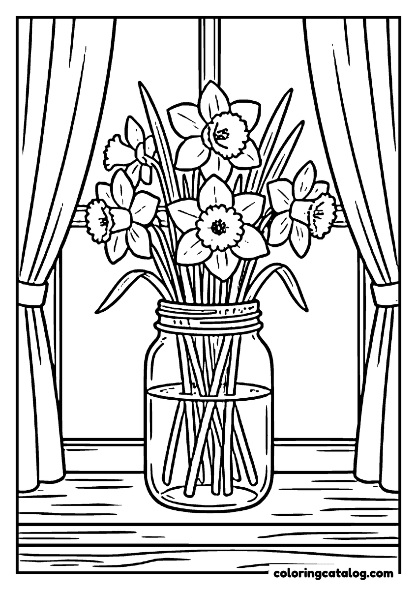 Dibujo de flores para colorear e imprimir: un frasco de narcisos en el alféizar de una ventana, entre dos cortinas