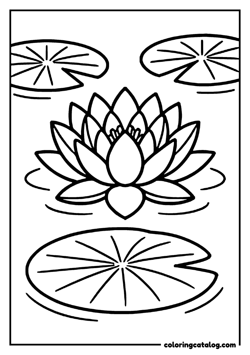 Dibujo de flores para colorear e imprimir: un nenúfar abierto en un estanque, entre tres hojas flotantes