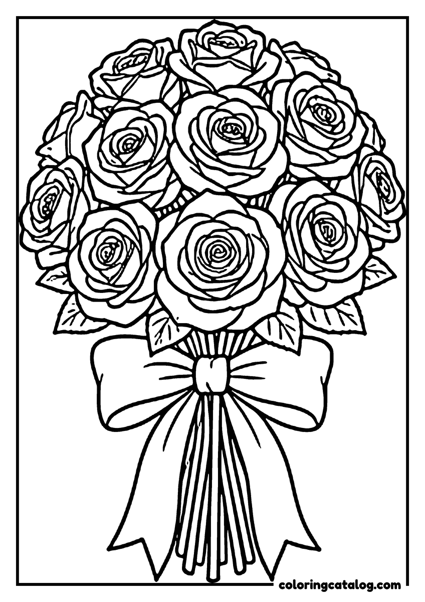 Dibujo para colorear de flores: un ramo redondo de una docena de rosas atado con un moño de cinta ancho