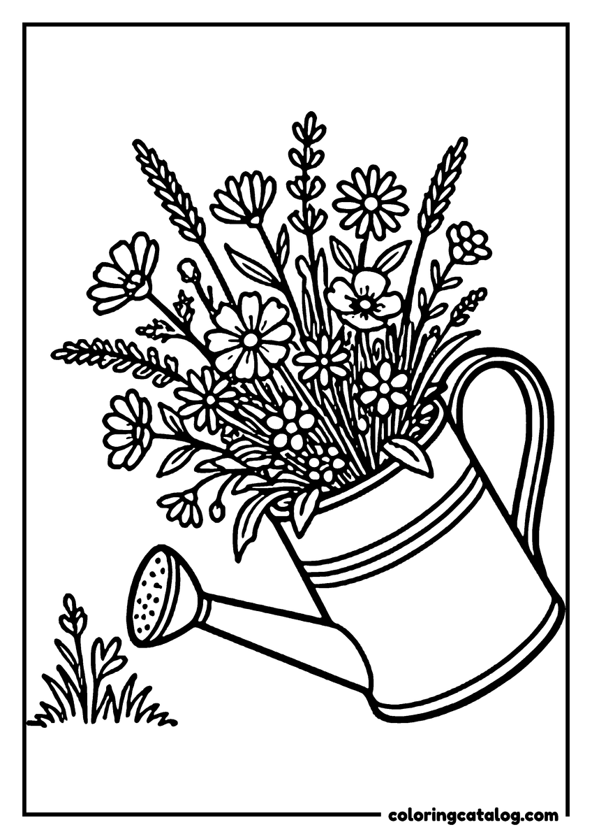 Dibujo para colorear: una regadera llena de flores silvestres, parada en el pasto