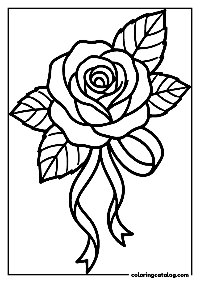 Dibujo de flores para colorear e imprimir: una rosa sola con cuatro hojas y un moño de cinta que cuelga