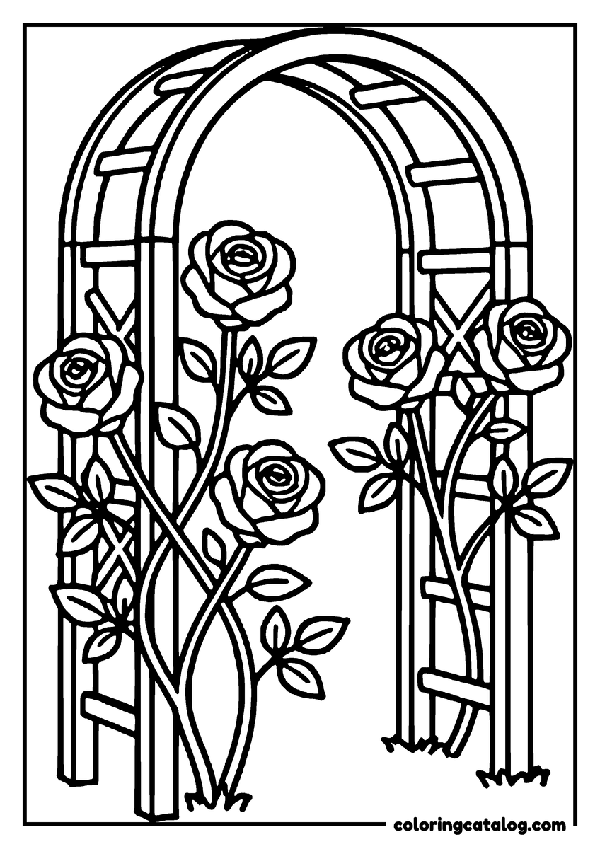 Dibujo de flores para colorear: cinco rosas trepan por un arco enrejado de jardín