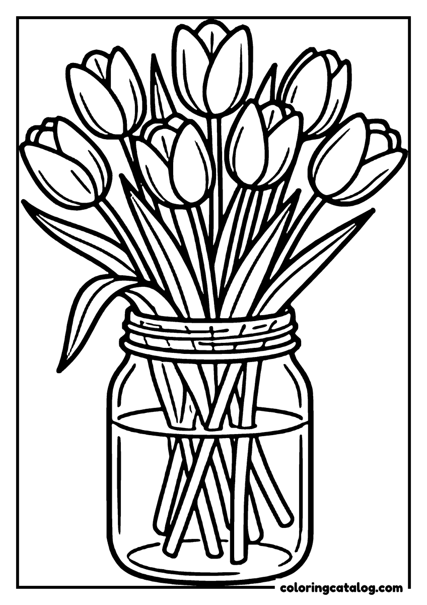 Dibujo de flores para colorear e imprimir: nueve tulipanes en un frasco de vidrio, con los tallos visibles a través del cristal