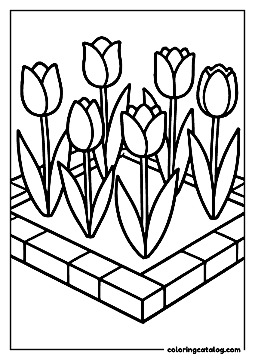 Dibujo de flores para colorear e imprimir: siete tulipanes crecen en un macizo de jardín bordeado de ladrillos