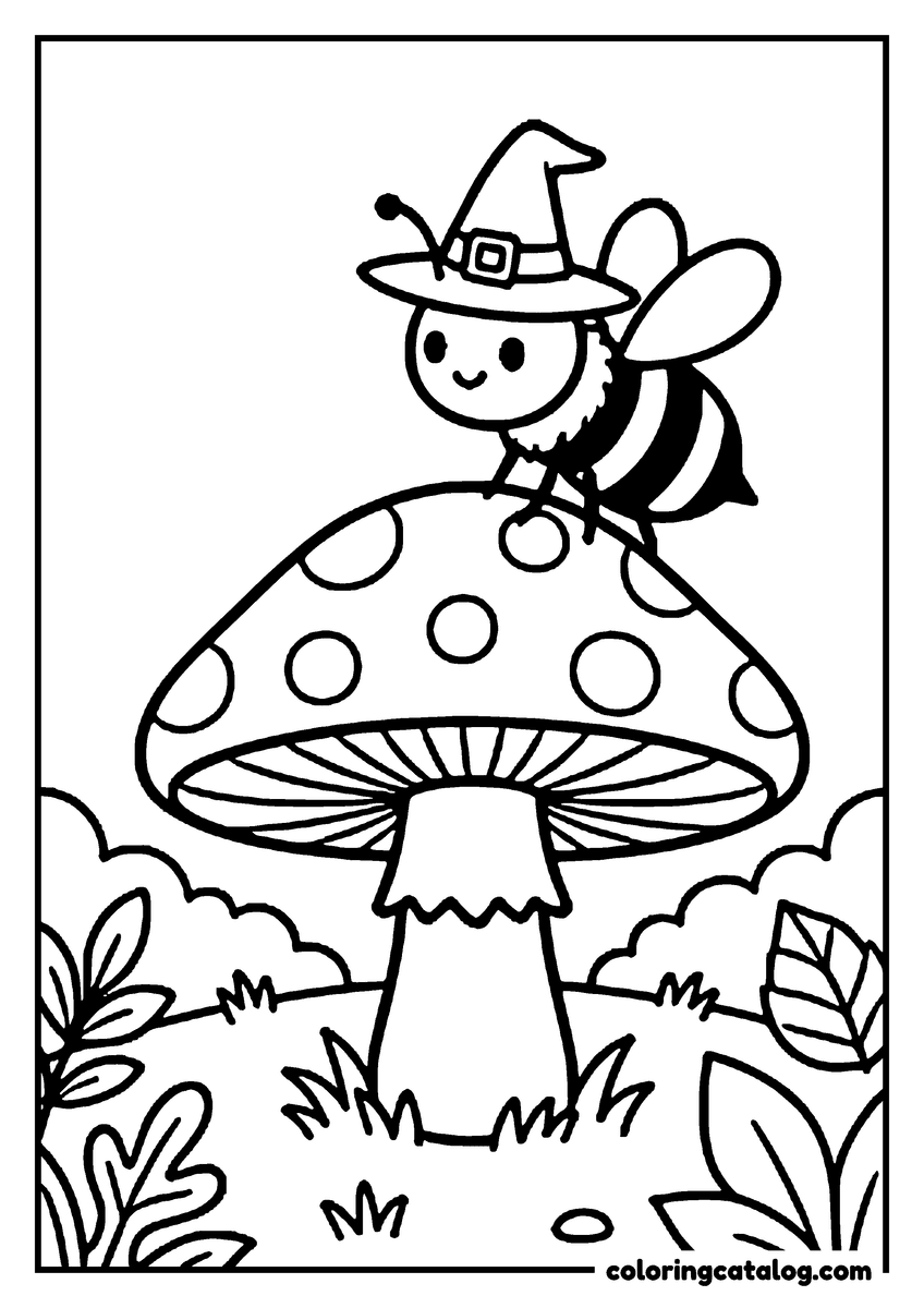 Dibujo de Halloween para colorear: una abeja con sombrero de bruja posada sobre un hongo con manchas