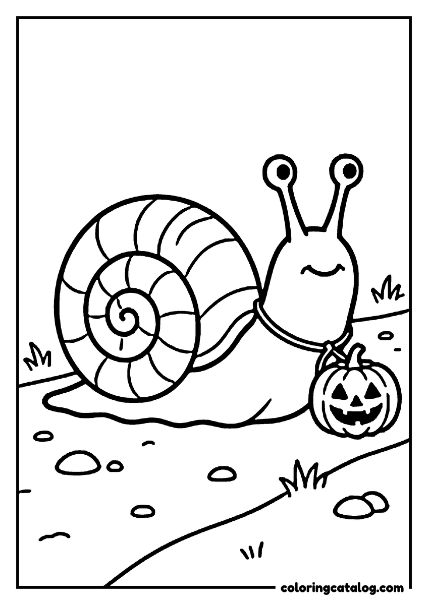 Dibujo de Halloween para colorear e imprimir: un caracol que arrastra una calabacita tallada por un sendero