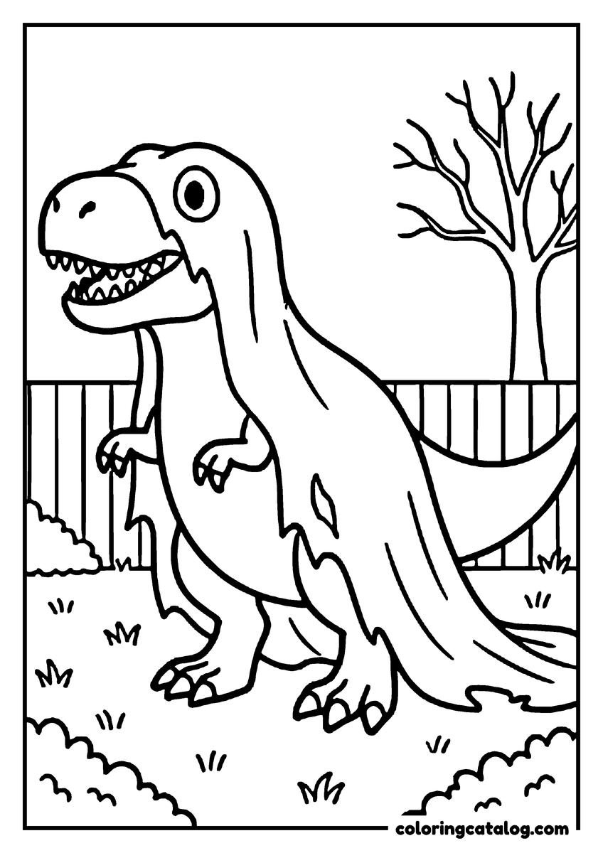Dibujo para colorear e imprimir: un tiranosaurio en el patio con un disfraz de Halloween tan largo que arrastra por el suelo