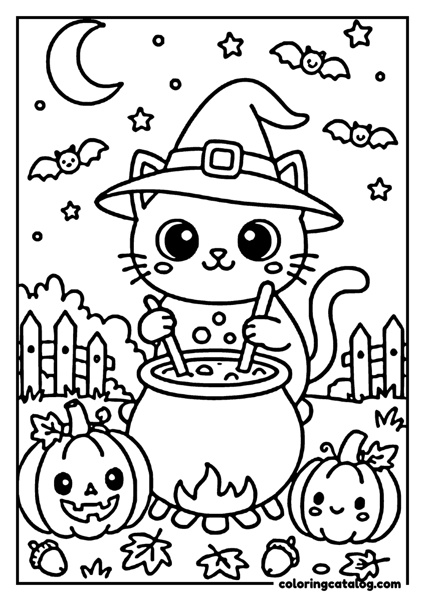 Dibujo para colorear de Halloween: un gatito tierno con sombrero de bruja que cocina en un caldero, rodeado de calabazas, murciélagos y una luna creciente