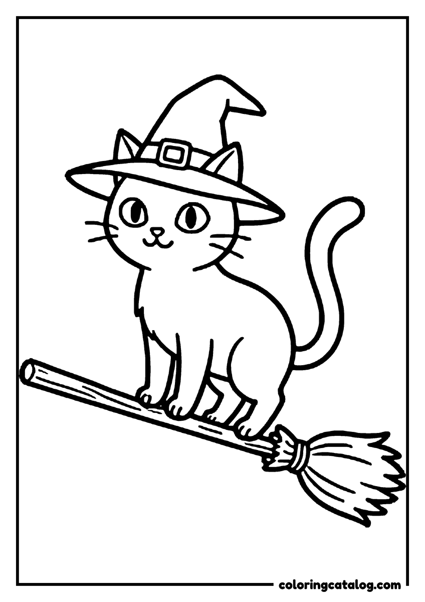 Dibujo para colorear de Halloween: un gato con sombrero de bruja montado en una escoba