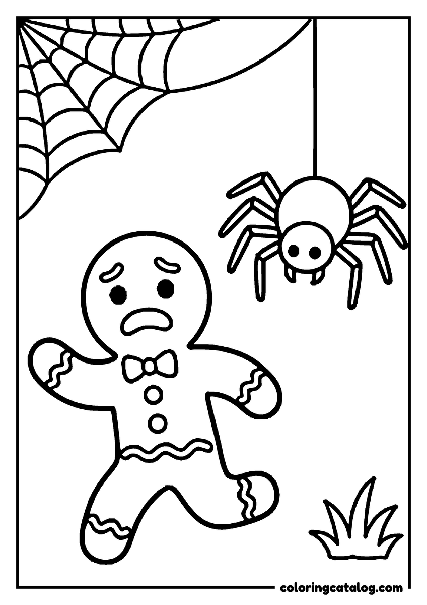 Dibujo para colorear de Halloween: un hombrecito de jengibre preocupado y una araña que cuelga de su telaraña