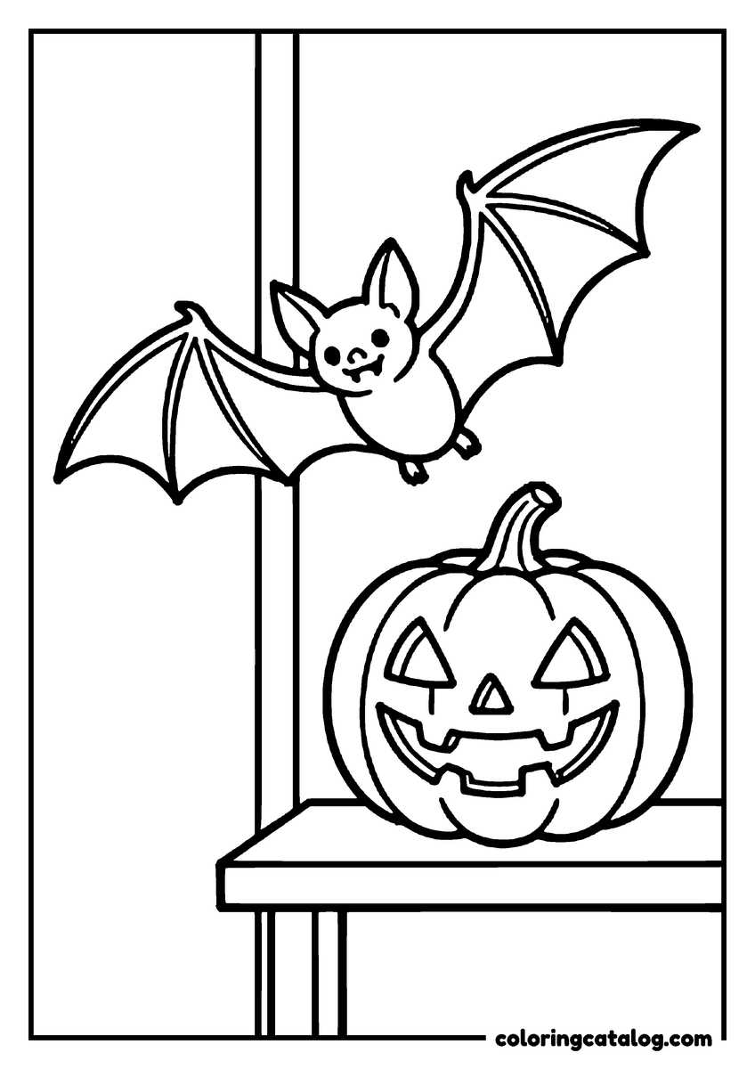 Dibujo para colorear de Halloween: un murciélago sonriente que vuela sobre una calabaza tallada en el porche