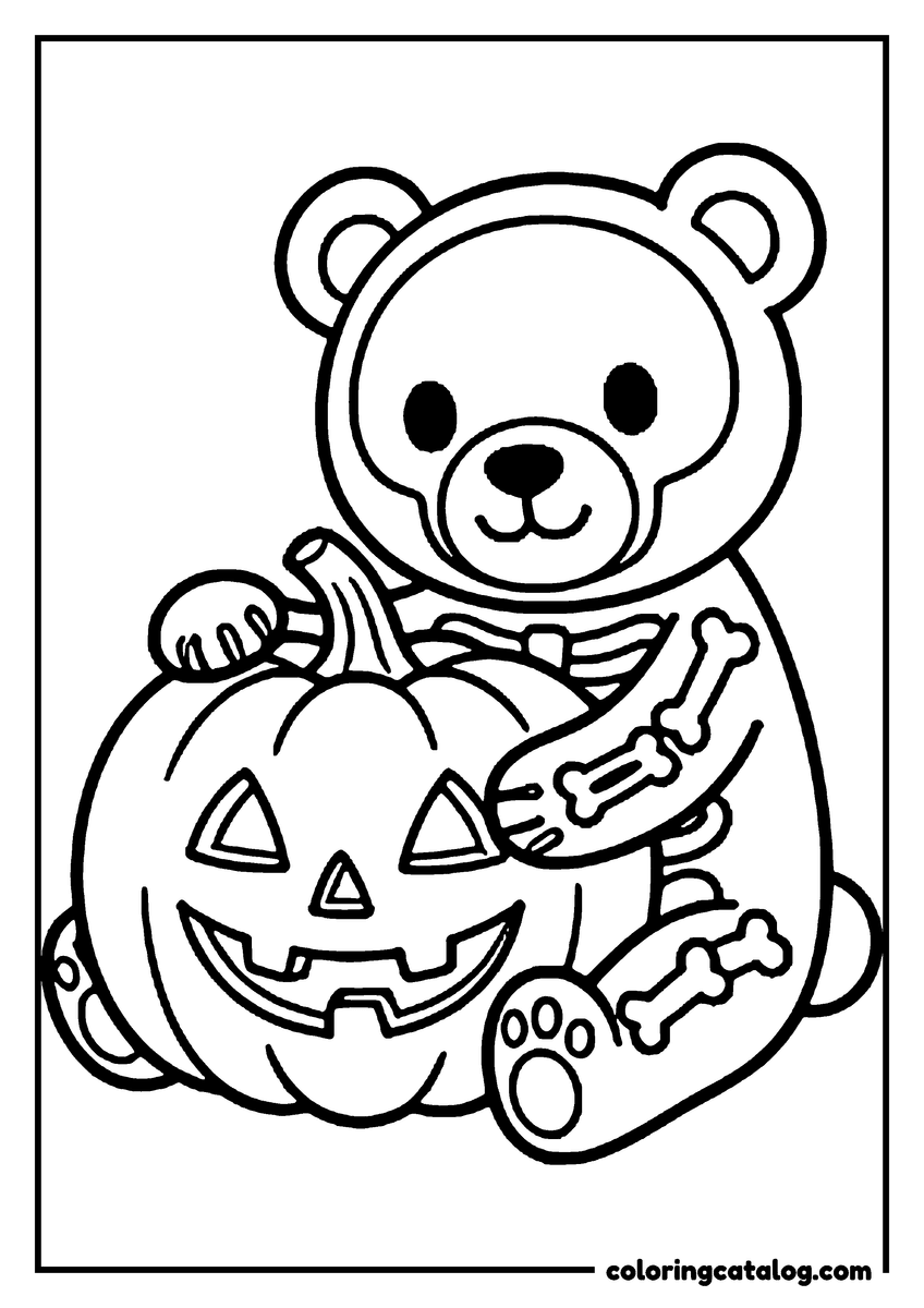 Dibujo de Halloween para colorear e imprimir: un osito de peluche con disfraz de esqueleto que abraza una calabaza tallada