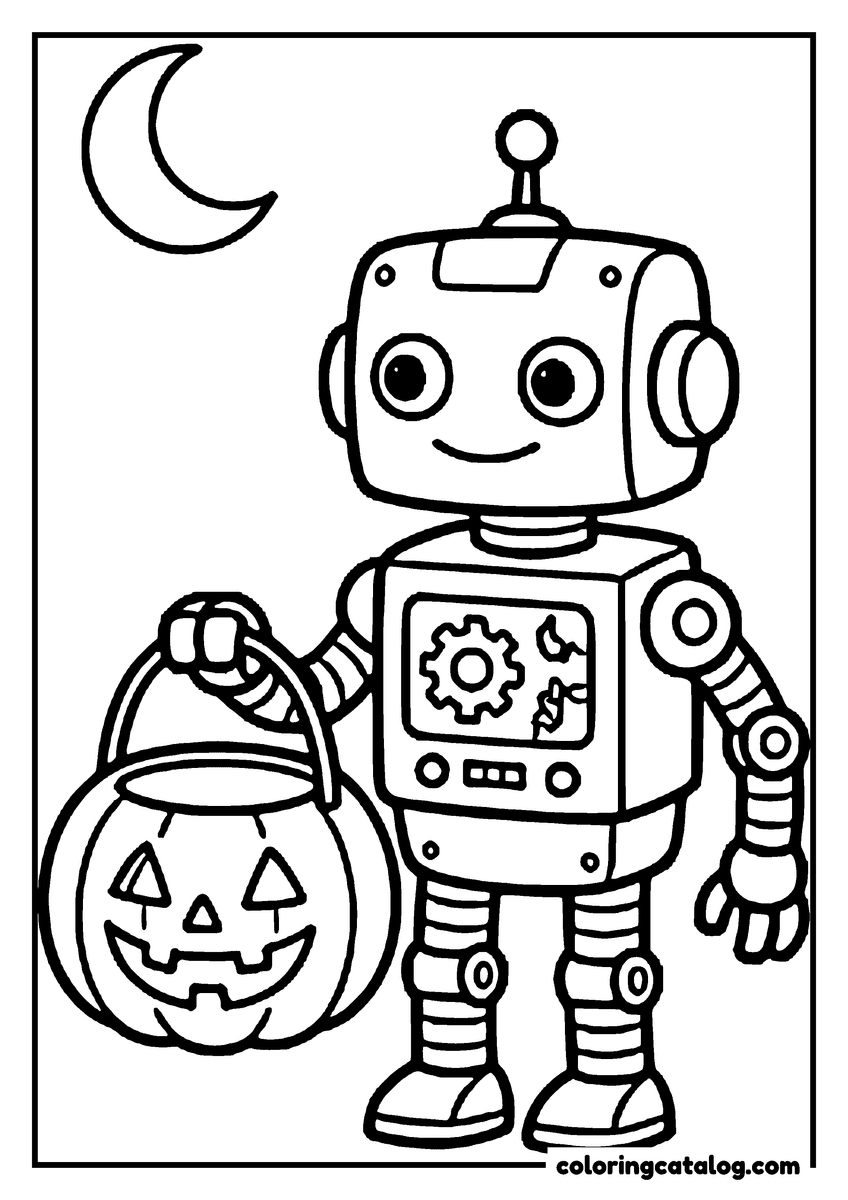 Dibujo de Halloween para colorear: un robot que lleva un balde de calabaza para dulces bajo la luna