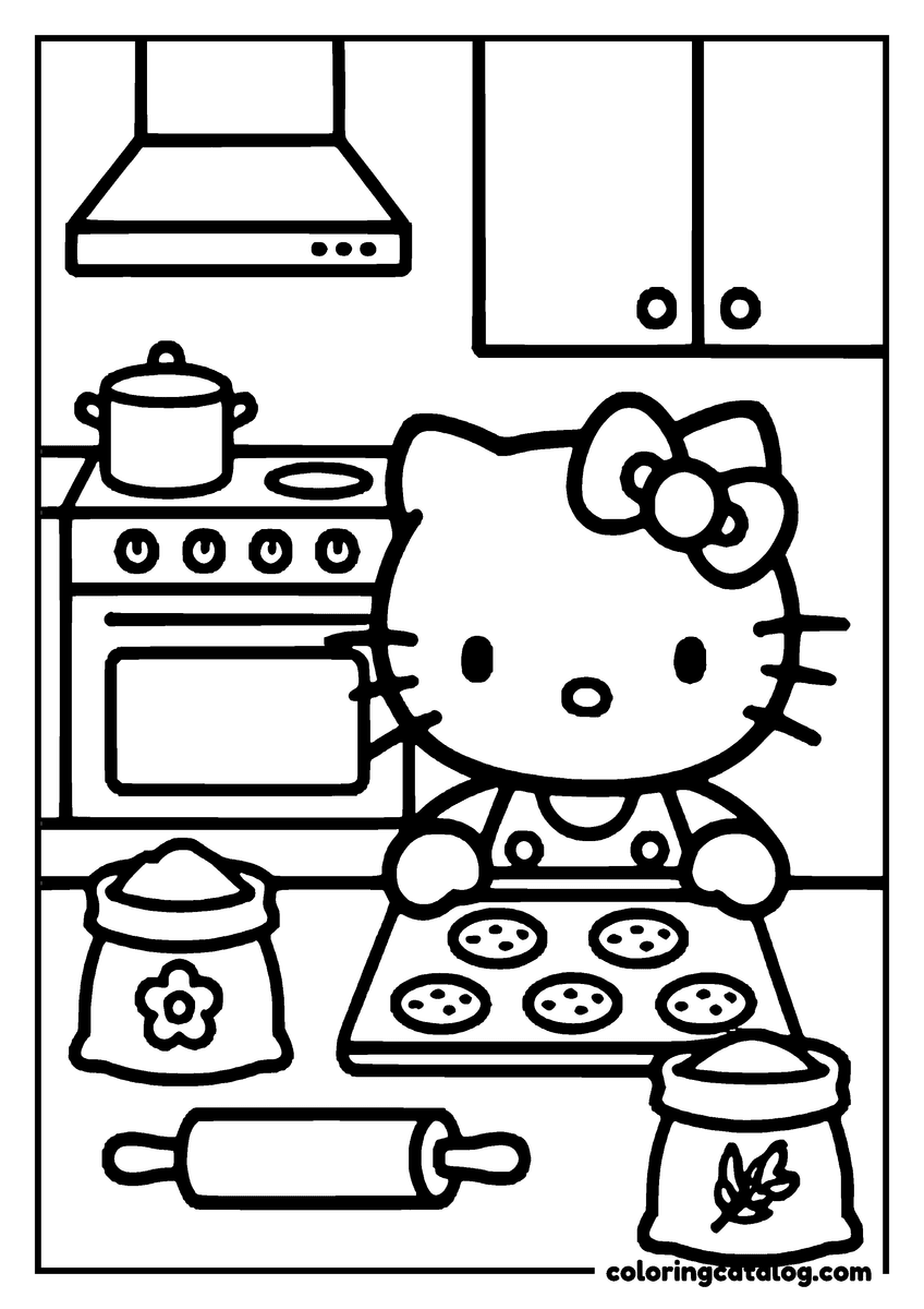 Dibujo para colorear e imprimir: Hello Kitty horneando galletas en la cocina con el horno, un rodillo y harina