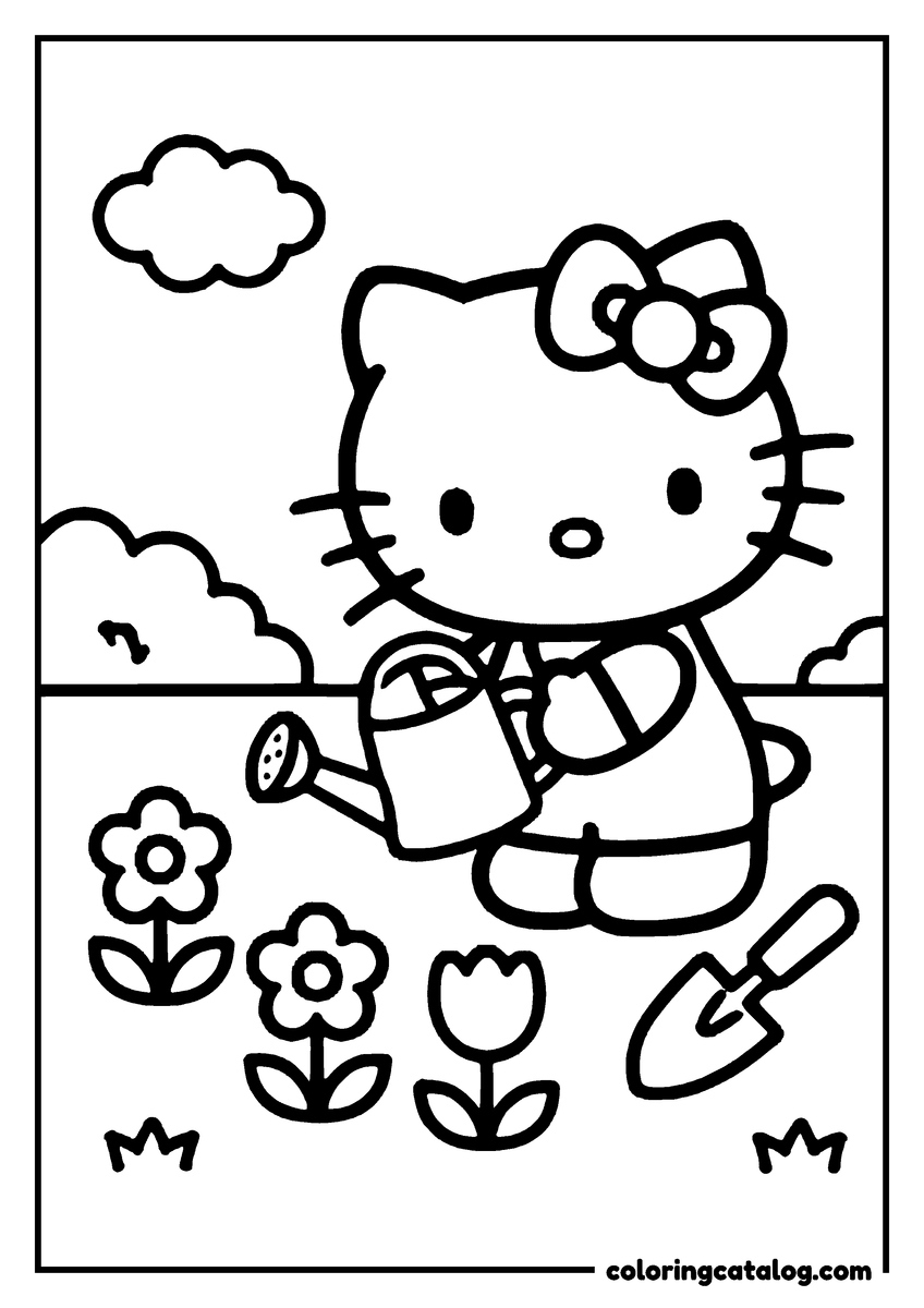 Dibujo para colorear: Hello Kitty regando las flores del jardín con una regadera