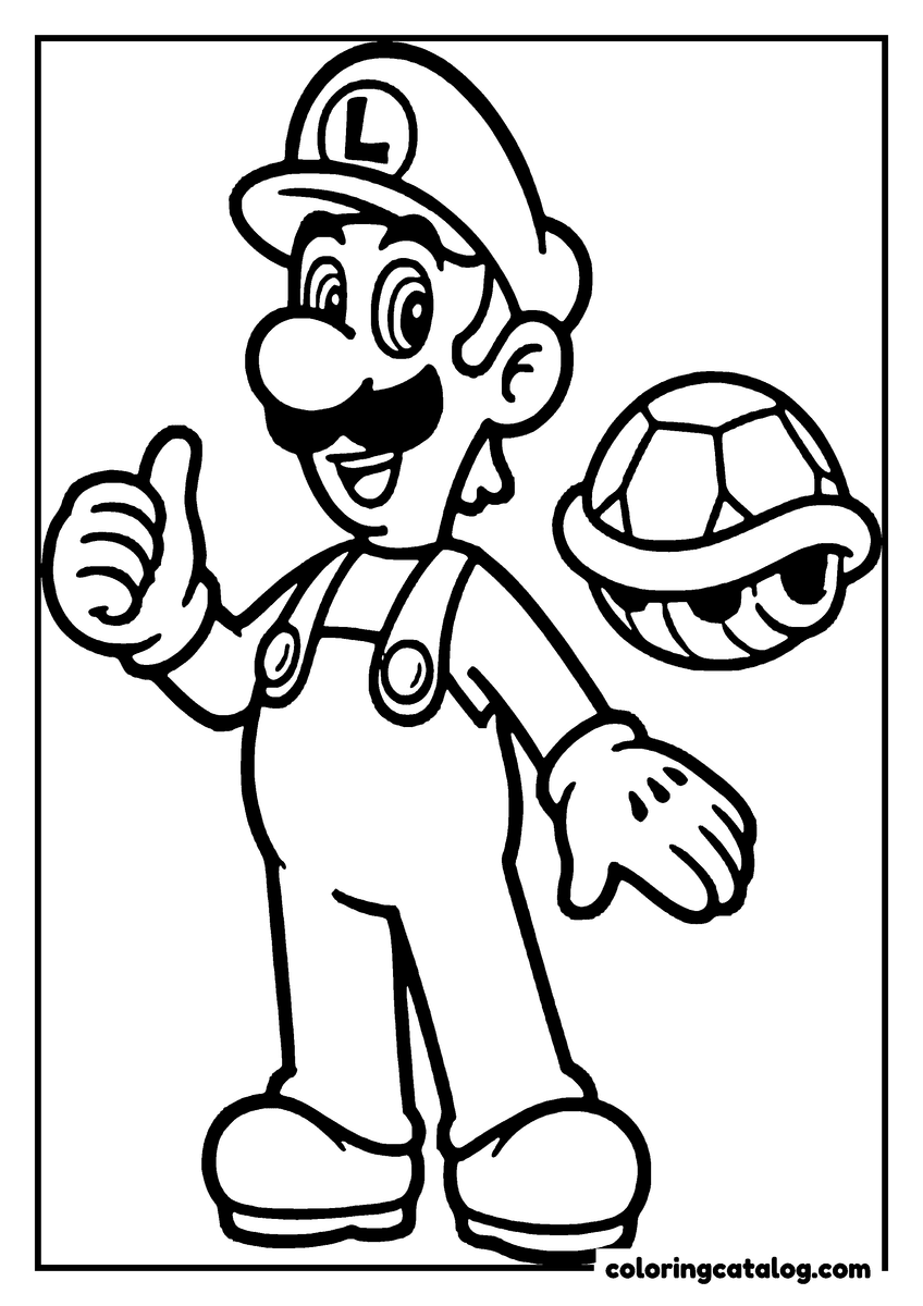 Dibujo de Mario Bros para colorear: Luigi con el pulgar arriba, con su gorra y su overol, y un caparazón de Koopa flotando a su lado
