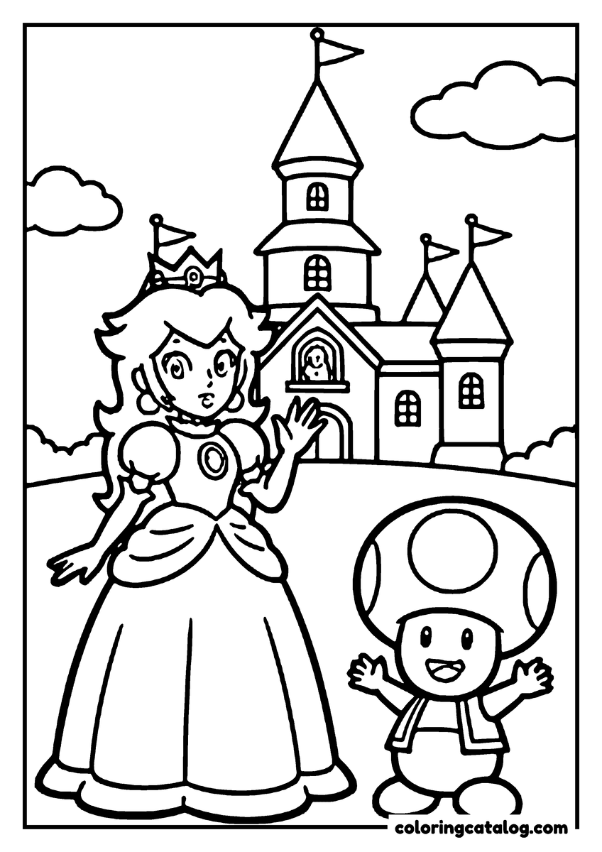Dibujo de Mario Bros para colorear: la Princesa Peach con su vestido largo saluda junto a Toad frente al castillo, con sus banderas y un fantasma en una ventana