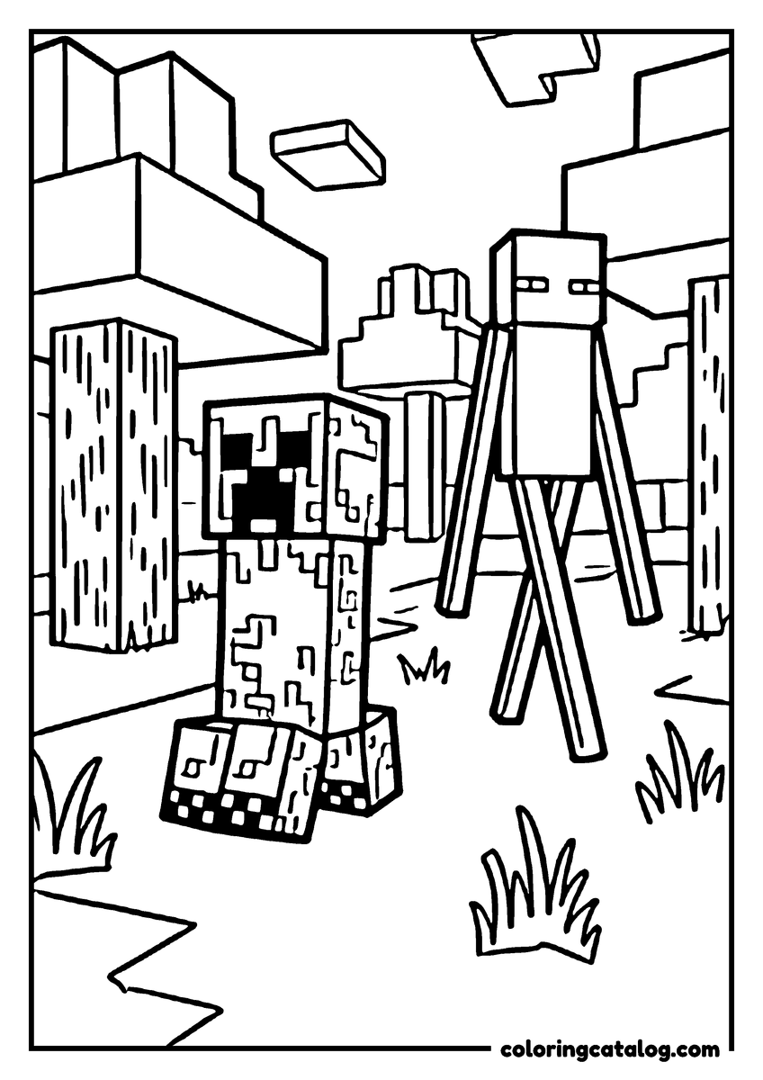 Dibujo para colorear de Minecraft: un creeper de pie en un camino de pasto entre postes de madera, con una criatura alta de piernas largas detrás y bloques flotando arriba