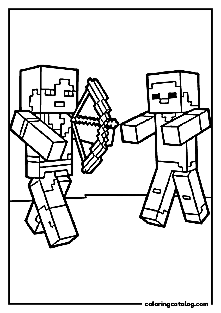Dibujo de Minecraft para colorear e imprimir: un jugador tensa un arco con una flecha mientras un zombi camina hacia él en terreno plano, con los brazos estirados