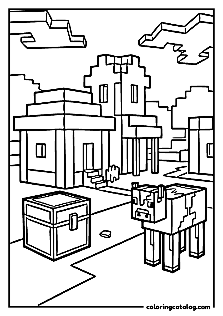 Dibujo de Minecraft para colorear: una vaca de bloques con manchas junto a un cofre abierto en un camino de la aldea, con casas y una torre detrás
