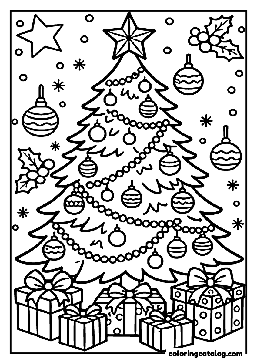 Dibujo para colorear e imprimir: un árbol de Navidad con adornos, regalos y adornos en un paisaje nevado