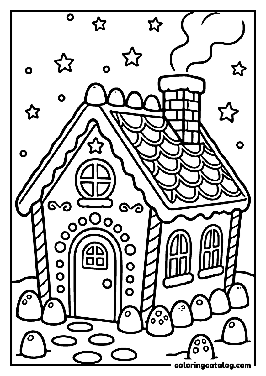 Dibujo de Navidad para colorear: una casa de jengibre con chimenea, y estrellas y una luna en el cielo