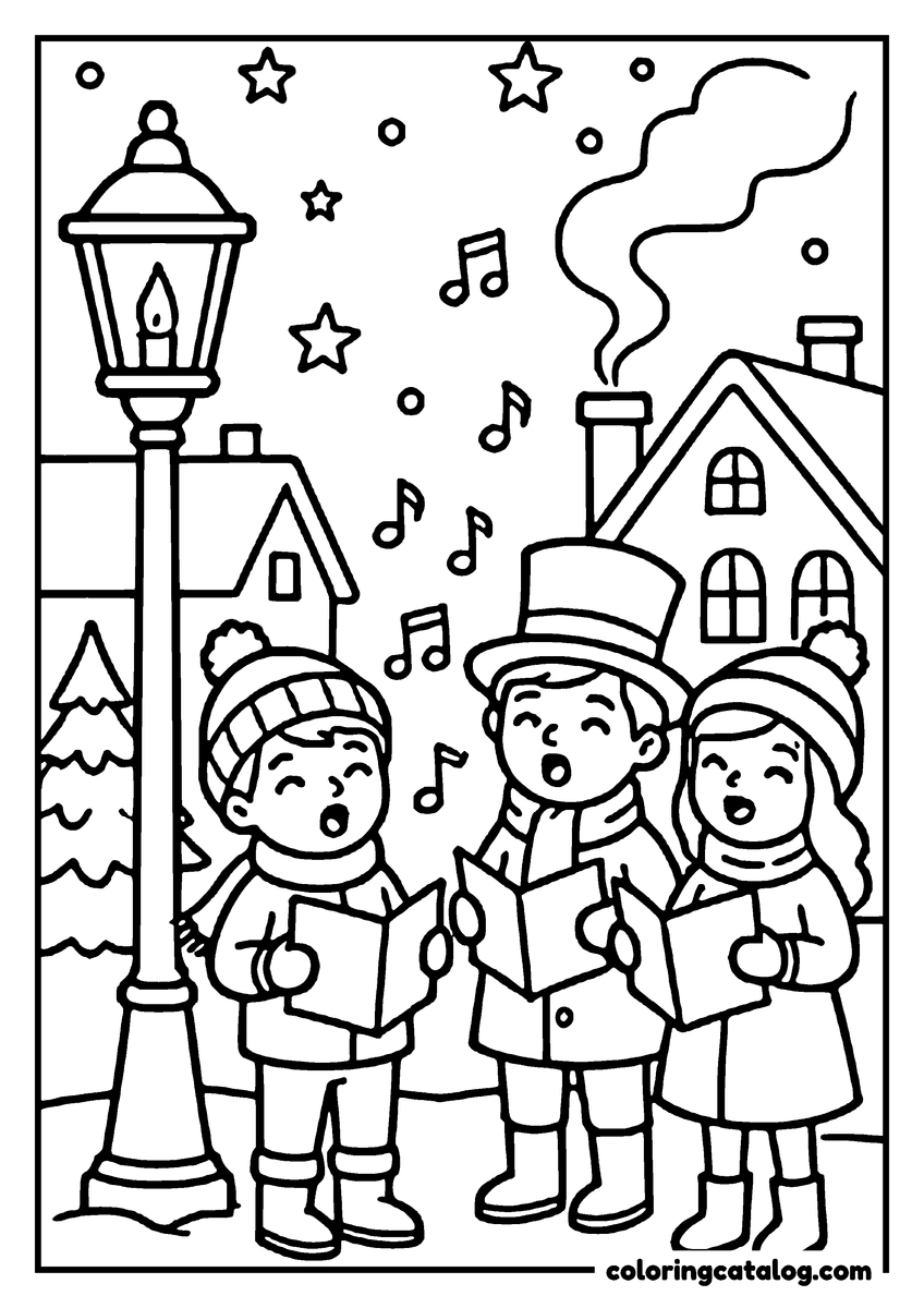 Dibujo de Navidad para colorear: niños cantan villancicos en una calle nevada, con un farol encendido y estrellas arriba