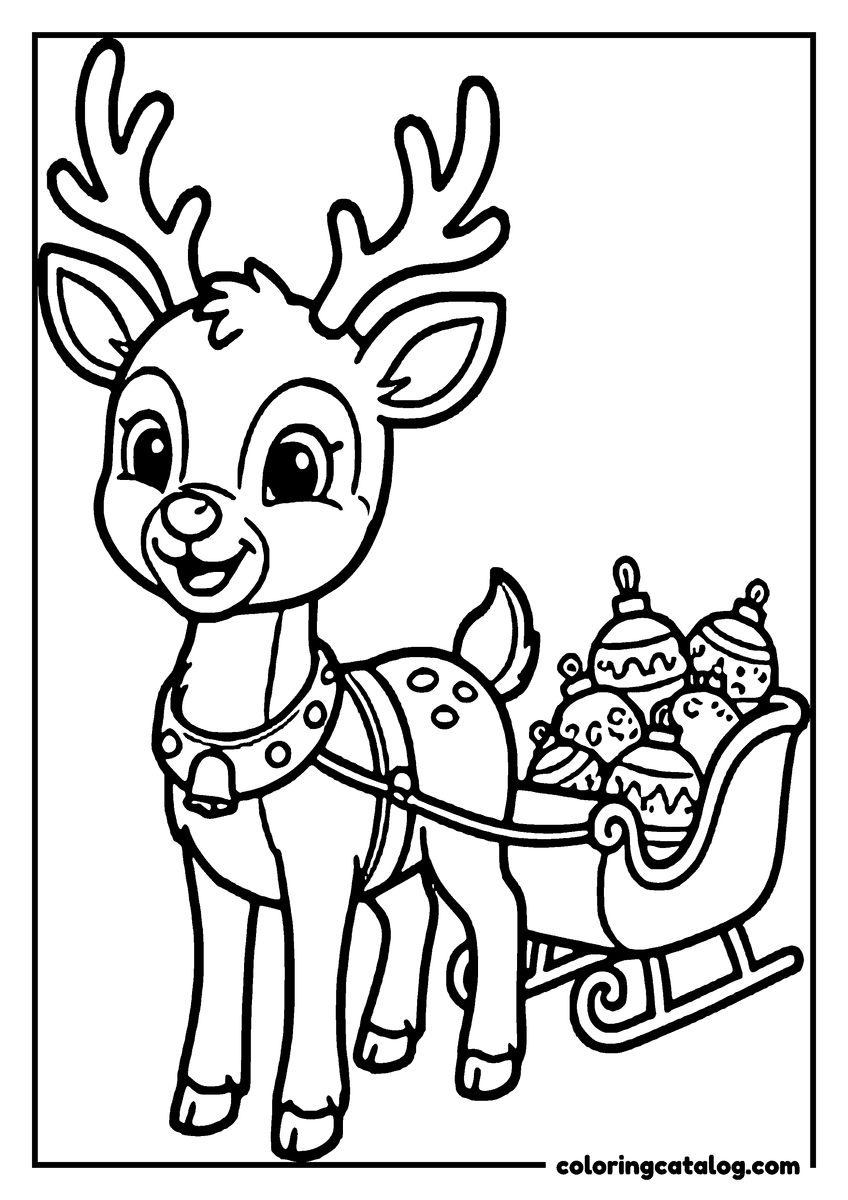 Dibujo para colorear: un reno tierno jala un trineo lleno de bolas de Navidad