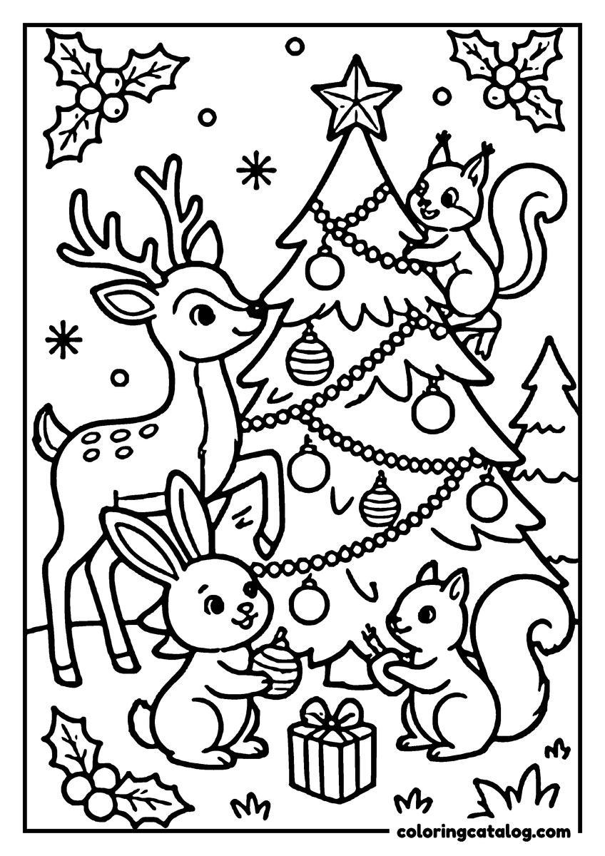 Dibujo para colorear e imprimir: un reno y dos ardillas decoran un árbol de Navidad con adornos y hojas de acebo