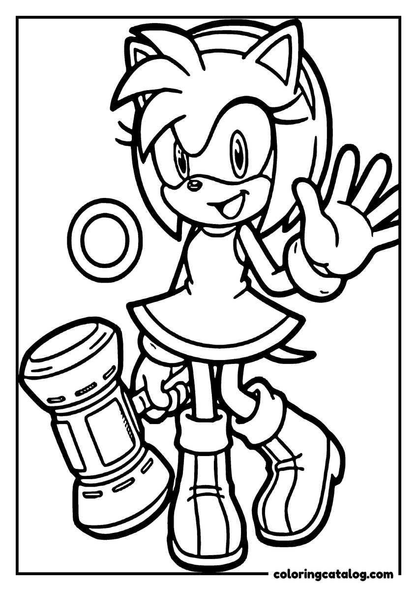 Dibujo de Sonic para colorear e imprimir: Amy Rose saludando con una mano y con su martillo gigante apoyado en el hombro, entre anillos flotantes