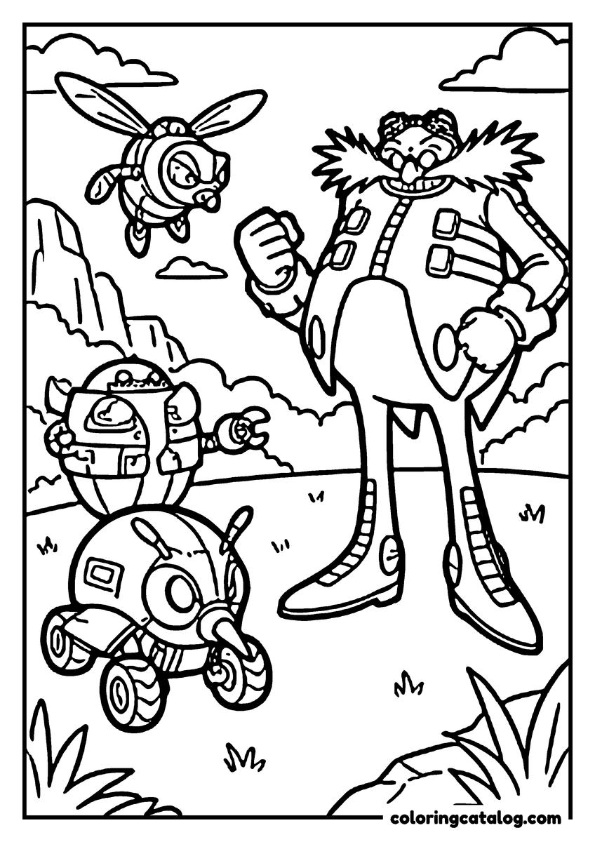 Dibujo de Sonic para colorear: el Dr. Eggman con los puños en alto en un cañón del desierto, con un robot abeja volando arriba y dos robots pequeños con ruedas a sus pies
