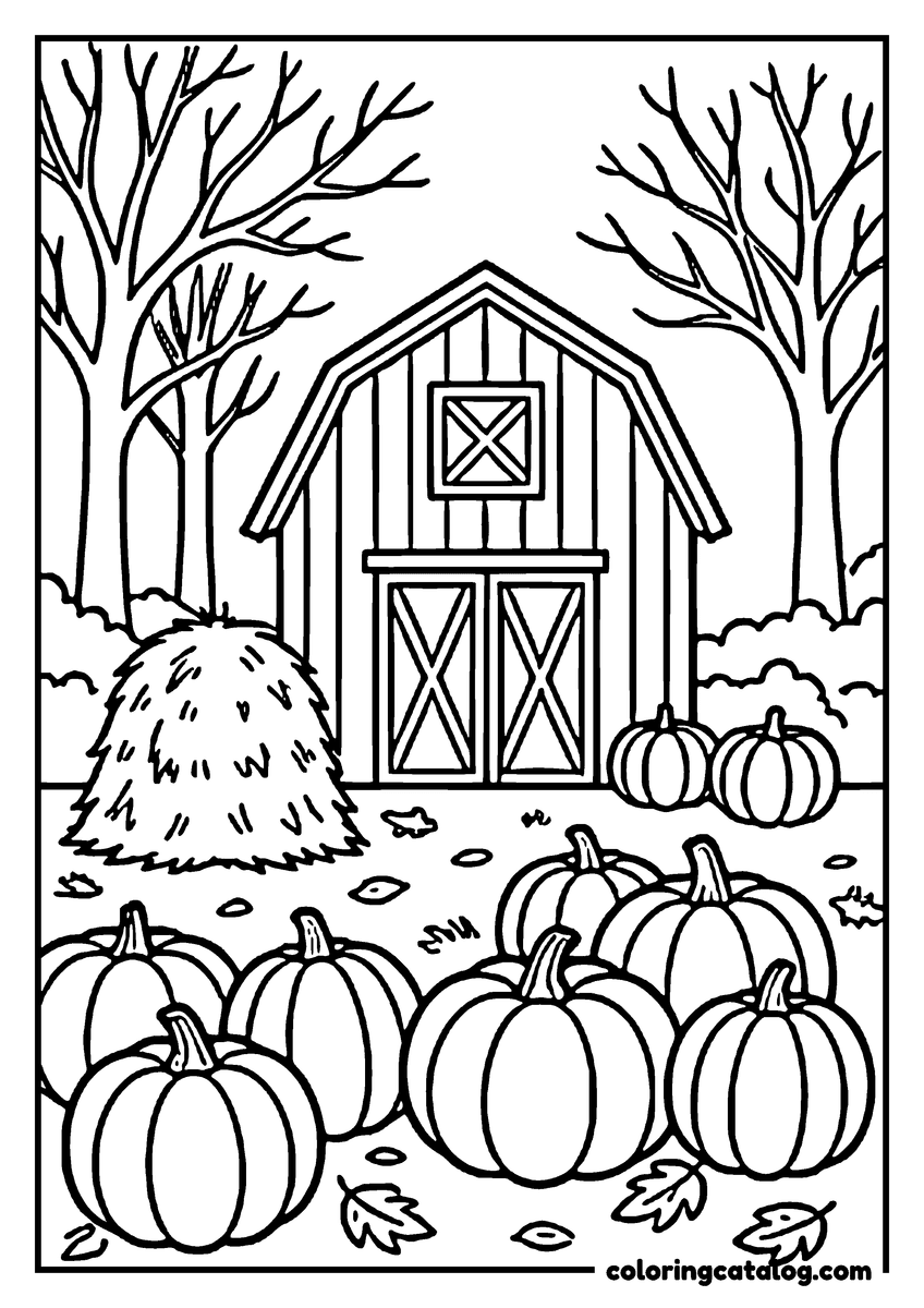Fall coloring page: A barn with a hay bale, pumpkins, and trees in the background