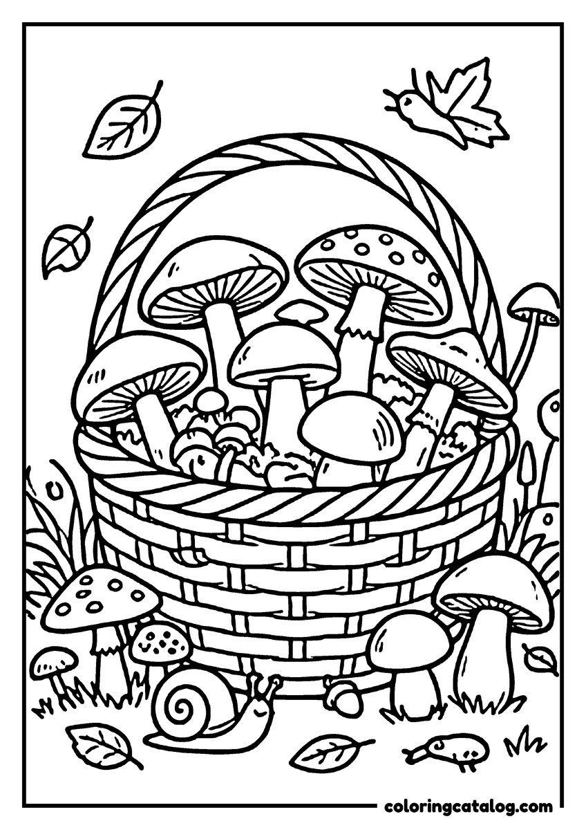 Free Fall coloring sheet: A basket full of mushrooms in a forest setting with leaves and a snail