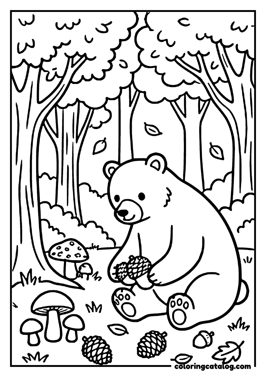 Free Fall coloring sheet: A bear is sitting in a forest, holding an acorn, surrounded by trees, mushrooms, and pinecones