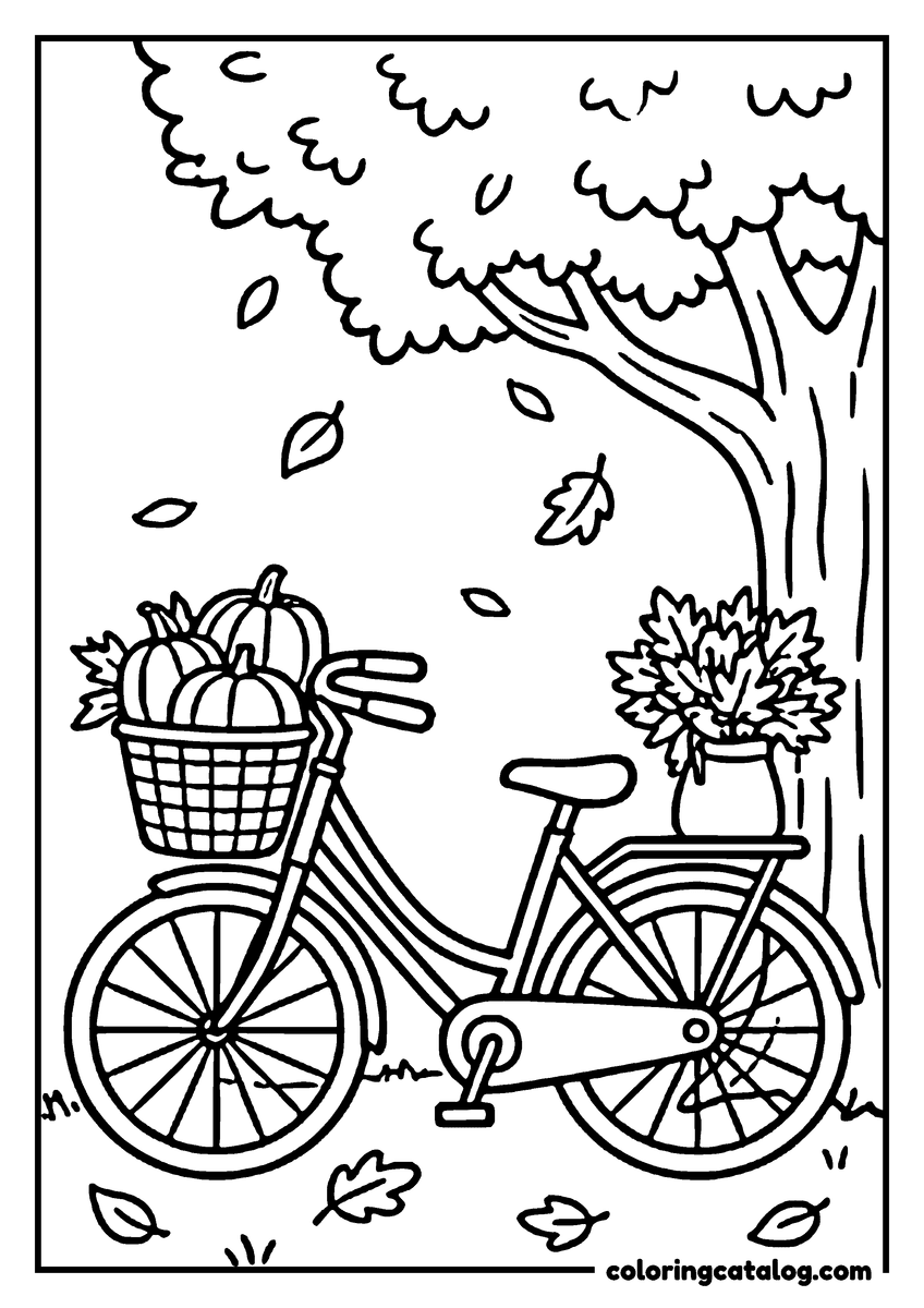 Printable coloring page: A bicycle with a basket full of pumpkins and a vase of autumn leaves, set against a backdrop of falling leaves and a tree