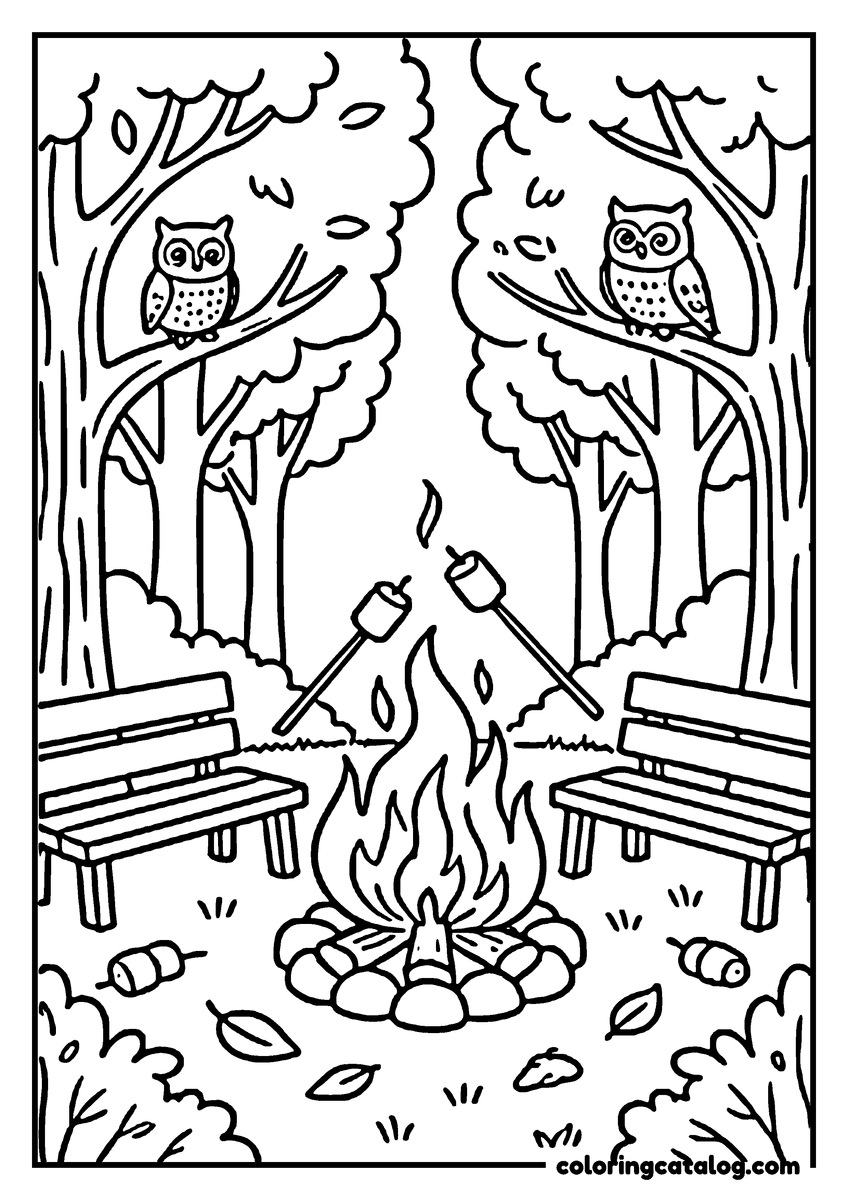 Fall coloring page: A campfire with marshmallows roasting, surrounded by trees, benches, and owls perched