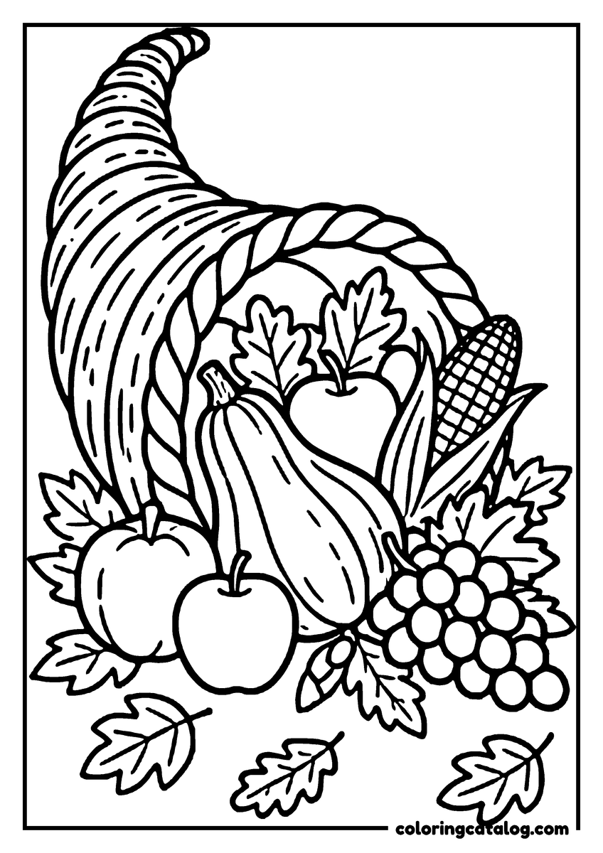 Free Fall coloring sheet: Cornucopia filled with fruits and vegetables, surrounded by leaves, representing abundance and harvest