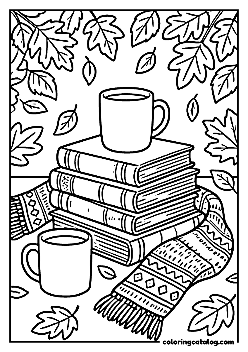 Printable coloring page: A cozy autumn scene with a stack of books, a mug of hot drink, and a scarf, surrounded by falling leaves
