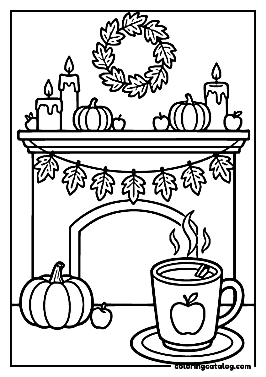 Free Fall coloring sheet: A cozy fireplace with pumpkins, candles, and a wreath, surrounded by autumn leaves, and a steaming mug of hot apple cider