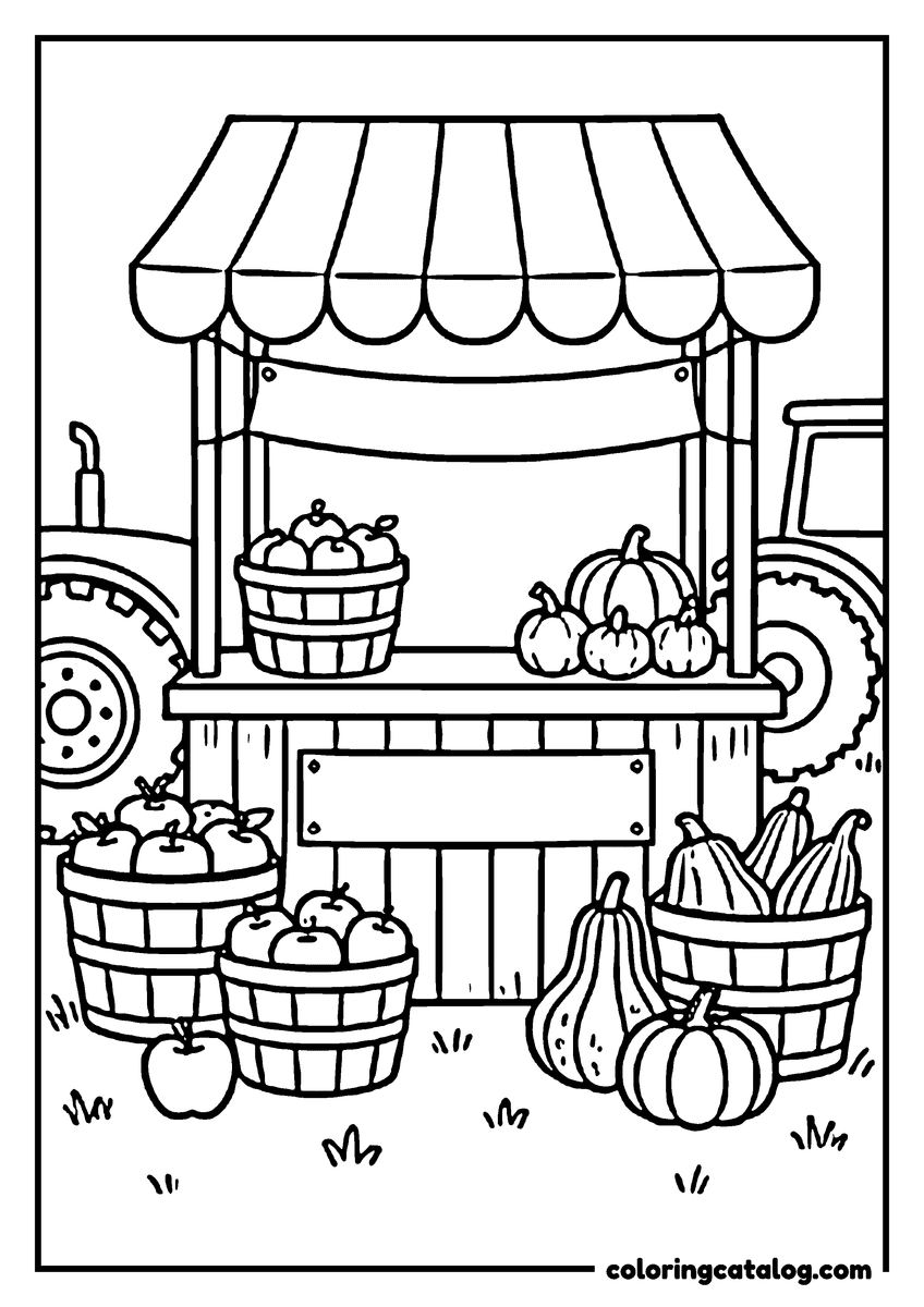 Free Fall coloring sheet: A farm stand displays baskets of apples and pumpkins, with a tractor in the background