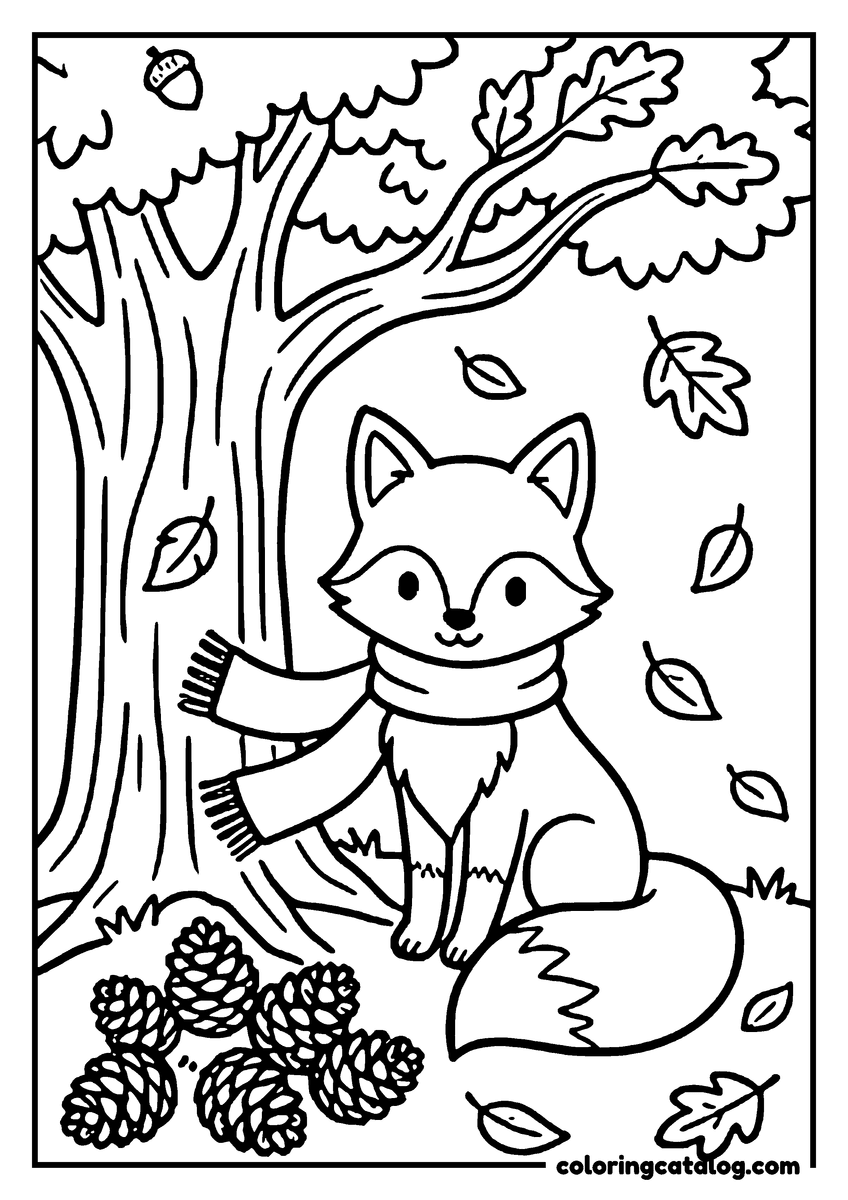 Fall coloring page: A fox in a scarf sits by a tree, surrounded by autumn leaves and pine cones