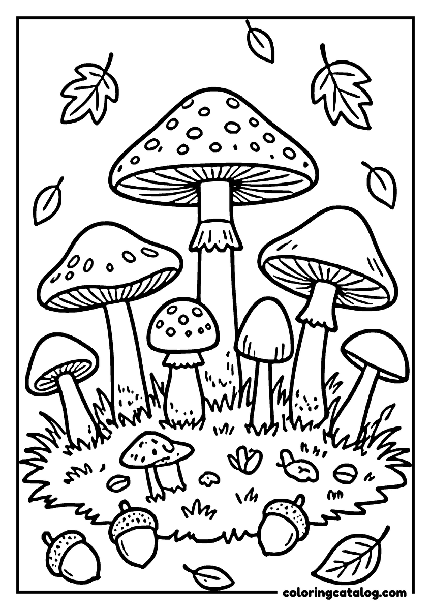 Printable Fall coloring page: Mushrooms and leaves in a forest setting, ready for coloring