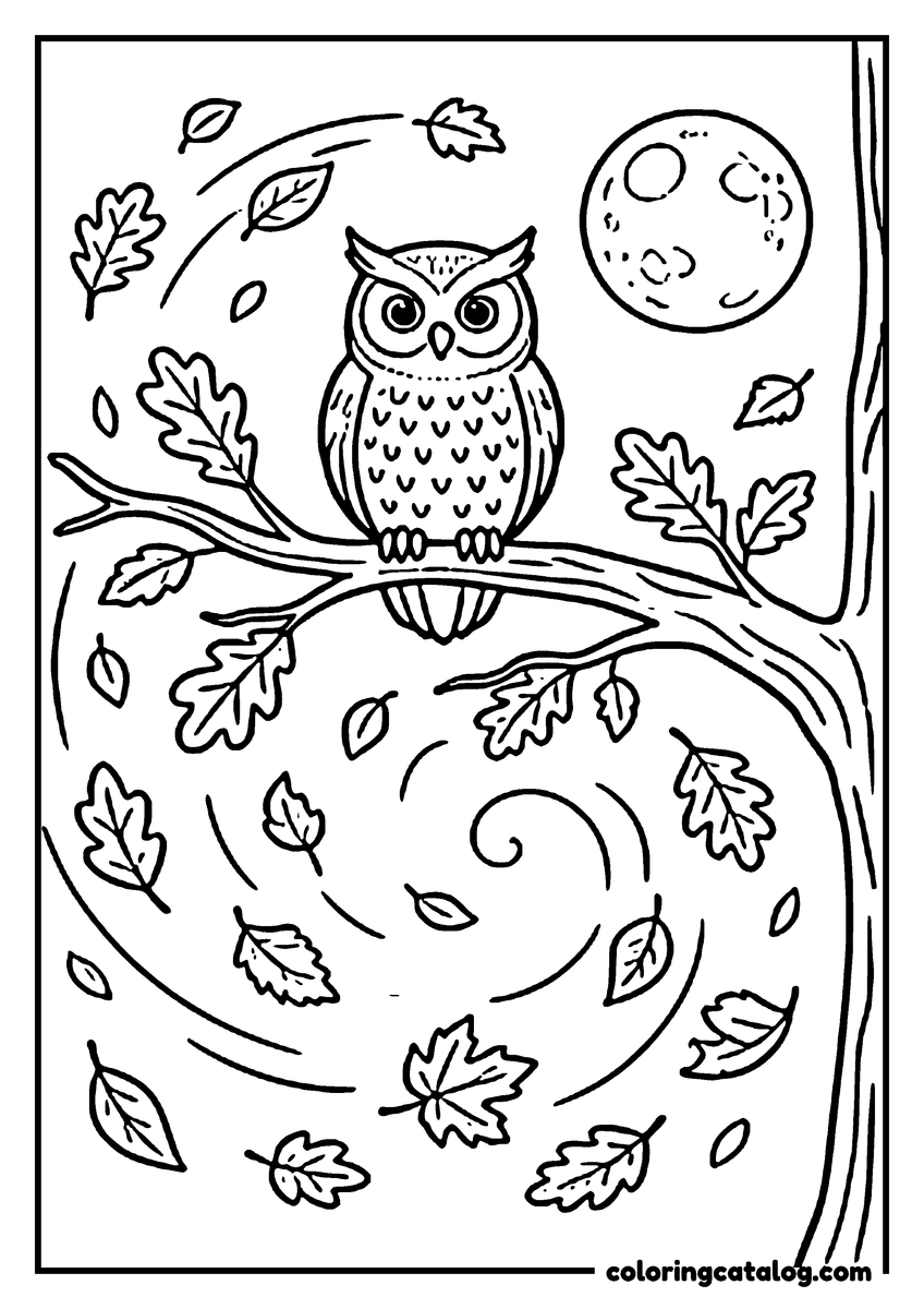 Printable Fall coloring page: Owl perched on branch, surrounded by leaves and moon, autumn scene