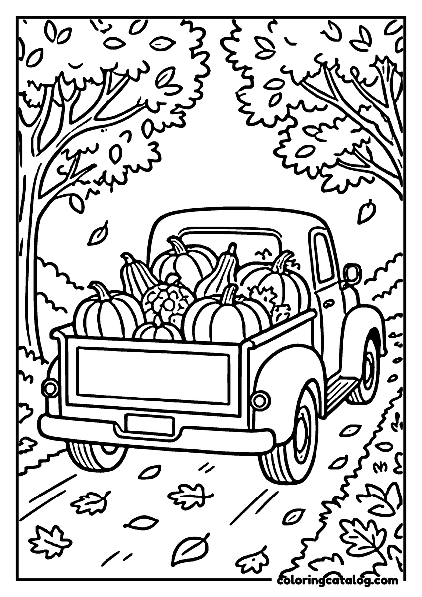 Coloring page: A pickup truck filled with pumpkins drives through a fall scene with falling leaves