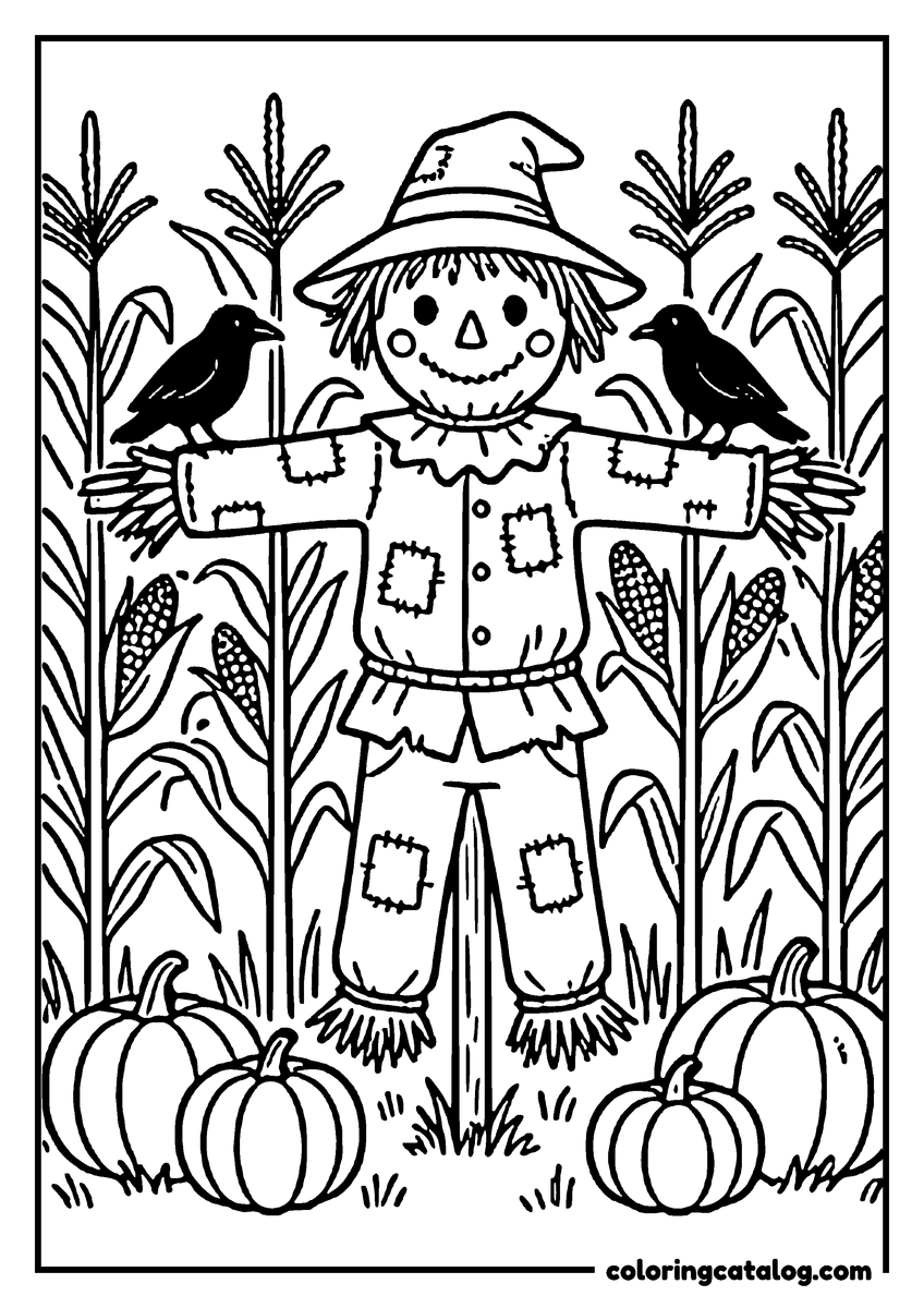 Free Fall coloring sheet: A scarecrow stands in a cornfield, holding two crows, with pumpkins nearby