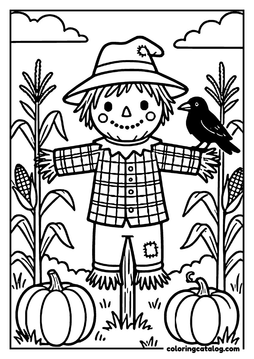 Free Fall coloring sheet: A scarecrow stands in a pumpkin patch, welcoming a crow with open arms